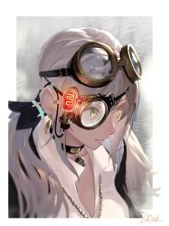 Rule 34 | 1girl, absurdres, border, choker, close-up, closed mouth, earrings, facing viewer, gears, goggles, goggles on head, highres, huge filesize, jewelry, light bulb, long hair, mimitoke, monocle, necklace, original, pendant, reflection, science fiction, signature, simple background, solo, steampunk, white border, white hair, wire, yellow eyes