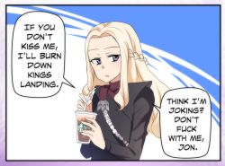 Rule 34 | 1girl, a song of ice and fire, blonde hair, braid, coffee cup, cup, daenerys targaryen, disposable cup, drinking straw, english text, french braid, game of thrones, highres, hinghoi, long hair, pout, profanity, purple eyes, speech bubble, starbucks, yandere
