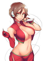 Rule 34 | 1girl, breasts, brown hair, center opening, cleavage, elbow gloves, fingerless gloves, gloves, headphones, large breasts, lips, meiko (vocaloid), meme50, microphone, midriff, mole, mole on breast, navel, solo, vocaloid, yellow eyes