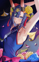 Rule 34 | 1girl, absurdres, armpits, arms behind head, arms up, bare shoulders, bob cut, breasts, eyeliner, fate/grand order, fate (series), headpiece, highres, horns, looking at viewer, makeup, oni, purple eyes, purple hair, san (harutuki 3), short hair, shuten douji (fate), skin-covered horns, small breasts, solo