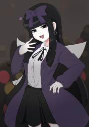 Rule 34 | 1girl, absurdres, bad id, bad twitter id, black hair, black ribbon, black skirt, blunt bangs, bow, coat, collared shirt, commentary, cookie (touhou), cowboy shot, earrings, fairy wings, hair bow, highres, hime cut, hu ku be, jewelry, long hair, looking at viewer, neck ribbon, open mouth, purple bow, purple coat, purple eyes, ribbon, shirt, shunga youkyu, sidelocks, skirt, solo, star (symbol), star earrings, star sapphire, textless version, touhou, white shirt, wings