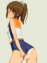 Rule 34 | 10s, 1girl, anus, ass, blush, breasts, brown eyes, brown hair, cleft of venus, clothing aside, female focus, from behind, hair ornament, i-401 (kancolle), kantai collection, kurowan, looking back, one-piece swimsuit, ponytail, pussy, school swimsuit, school uniform, serafuku, short hair, simple background, solo, swimsuit, swimsuit aside, swimsuit under clothes, tan, tanline, uncensored