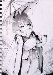 Rule 34 | 1girl, antennae, arthropod girl, arthropod limbs, black sclera, borrowed character, colored eyelashes, colored sclera, extra arms, greyscale, hemuling, highres, holding, holding umbrella, insect girl, jacket, jacket on shoulders, looking up, medium hair, monochrome, monster girl, moth (diddms1999), moth girl, neck fur, original, outdoors, rain, short eyebrows, solo, standing, traditional media, umbrella, upper body