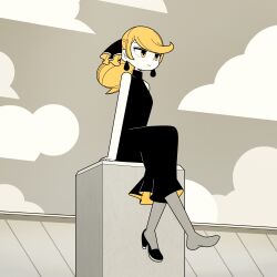 Rule 34 | 1girl, arm support, bare shoulders, black dress, black footwear, blonde hair, cloud, cloudy sky, collared dress, dress, earrings, flat color, full body, grey pantyhose, highres, jewelry, jitome, katsuhito omiya, looking to the side, original, outdoors, pantyhose, ponytail, rooftop, shoes, sidelocks, single shoe, sitting, sky, sleeveless, sleeveless dress, solo, yellow eyes