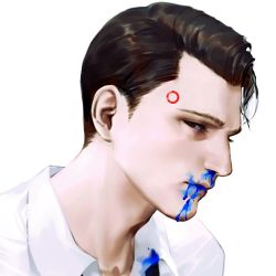 Rule 34 | 1boy, android, blood, blood from mouth, blood on clothes, blood splatter, blue blood, brown eyes, brown hair, colored blood, connor (detroit), detroit: become human, expressionless, looking at viewer, male focus, par., portrait, shirt, solo, white background, white shirt