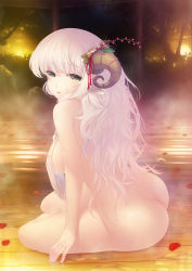 Rule 34 | 1girl, animal ears, ass, back, bad id, bad pixiv id, breasts, covering privates, green eyes, hair ornament, highres, horns, large breasts, light purple hair, long hair, looking back, monster girl, nipples, nude, nude cover, onsen, original, petals, pink hair, see-through, sheep girl, sitting, solo, steam, tears, towel, vip, water, wet, white hair