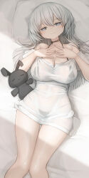 Rule 34 | 1girl, bed sheet, bikini, black bikini, blunt ends, blush, breasts, cleavage, closed mouth, commentary request, covered navel, genek, grey eyes, grey hair, hair between eyes, highres, knees together feet apart, large breasts, long hair, looking at viewer, lying, on back, on bed, original, see-through, see-through shirt, shirt, smile, stuffed animal, stuffed rabbit, stuffed toy, swimsuit, swimsuit under clothes, thighs, white shirt