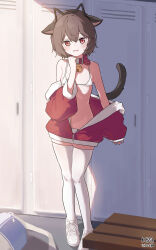 Rule 34 | 1girl, absurdres, animal collar, animal ear hairband, animal ears, bag, bare shoulders, bell, belly, bikini, bikini under clothes, blush, breasts, brown hair, cat ear hairband, cat ears, cat tail, collar, commentary request, commission, dated, duffel bag, embarrassed, fake animal ears, full body, hair between eyes, hairband, hand on own neck, highres, indoors, jacket, korean commentary, locker, locker room, looking at viewer, medium hair, micro bikini, mole, mole on breast, mole under eye, myeolchi, navel, neck bell, off shoulder, original, prunechi, red collar, red eyes, red jacket, second-party source, shoes, signature, small breasts, sneakers, solo, stomach, swimsuit, tail, thighhighs, undressing, wavy mouth, white bikini, white footwear, white thighhighs