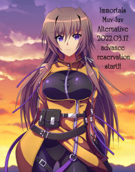 Rule 34 | 1girl, belt, black belt, black bodysuit, bodysuit, breasts, brown hair, cloud, copyright name, dated, highres, muv-luv: dimensions, jacket, large breasts, long hair, looking at viewer, masa (awill yui), muv-luv, muv-luv alternative, muv-luv total eclipse, purple eyes, sky, smile, solo, sunset, takamura yui, yellow jacket
