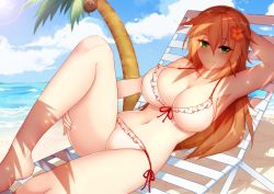 Rule 34 | 1girl, beach, bikini, breasts, character request, cleavage, copyright request, feet, flower, foxykuro, front-tie bikini top, front-tie top, green eyes, hair flower, hair ornament, highres, large breasts, long hair, looking at viewer, lying, on back, orange hair, original, side-tie bikini bottom, smile, solo, sun, swimsuit