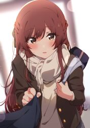 Rule 34 | 1girl, absurdres, bag, blurry, blurry background, blush, bokeh, braid, brown eyes, brown hair, brown jacket, brown scarf, cardigan, depth of field, hair ornament, highres, idolmaster, idolmaster shiny colors, jacket, long hair, long sleeves, looking at viewer, open clothes, open jacket, open mouth, osaki amana, pov, reikakrzk, scarf, school bag, school uniform, shirt tug, solo, upper body