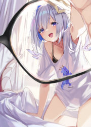 Rule 34 | 2girls, amane kanata, angel wings, armpits, axolotl, axolotl (minecraft), bare legs, bed, black bra, blouse, blue hair, blurry, blurry background, blush, bra, breasts, camisole, cleavage, colored inner hair, dragon tail, fang, feathered wings, female pov, glasses, hair ornament, hololive, kiryu coco, kneeling, legs, looking at viewer, minecraft, mini wings, multicolored hair, multiple girls, ohland, open mouth, pov, print shirt, purple eyes, see-through, see-through silhouette, shirt, short hair, small breasts, star (symbol), star hair ornament, tail, underwear, virtual youtuber, white shirt, wings, yuri
