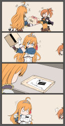 Rule 34 | 2girls, ahoge, blue eyes, box, capelet, cardboard box, character request, closed eyes, comic, commentary, eating, english text, gift, gloves, highres, long hair, meme, multiple girls, o o, orange hair, paper, parody, pecorine (princess connect!), portal (series), princess connect!, shaded face, surprised, the cake is a lie (meme)