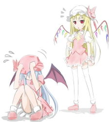 Rule 34 | 2girls, alternate hair length, alternate hairstyle, ascot, bat wings, blonde hair, blue hair, charisma guard, covering privates, cowering, flandre scarlet, flying sweatdrops, hand on own hip, hat, long hair, multiple girls, remilia scarlet, simple background, sitting, sketch, sky-freedom, touhou, very long hair, white background, wings