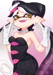 Rule 34 | + +, 1girl, bad id, bad pixiv id, black hair, black jumpsuit, breasts, brown eyes, busujima funya, callie (splatoon), cleavage, collar, colored tongue, commentary, detached collar, earrings, fangs, food, food on head, gloves, gradient background, gradient hair, highres, inkling, jewelry, jumpsuit, long hair, looking at viewer, medium breasts, mole, mole under eye, multicolored hair, nintendo, object on head, open mouth, pantyhose, pink background, pointing, pointing up, pointy ears, purple hair, purple tongue, short jumpsuit, smile, solo, splatoon (series), splatoon 1, standing, strapless, sushi, tentacle hair, twitter username, very long hair, white collar, white gloves, wing collar