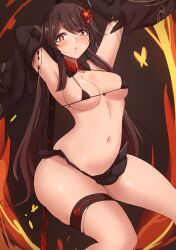 Rule 34 | 1girl, :o, absurdres, areola slip, bikini, black bikini, black skirt, breasts, brown hair, collarbone, detached sleeves, flower, flower-shaped pupils, hair ornament, highres, long hair, looking at viewer, mistynight, navel, polearm, red eyes, revealing clothes, simple background, skindentation, skirt, small breasts, solo, swimsuit, symbol-shaped pupils, weapon