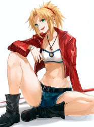 Rule 34 | 1girl, absurdres, bandeau, belt, black footwear, blonde hair, blue shorts, boots, braid, breasts, clarent (fate), cutoffs, denim, denim shorts, fate/apocrypha, fate (series), french braid, green eyes, highres, hoshi rasuku, jacket, jewelry, knee up, legs, long hair, long sleeves, looking at viewer, mordred (fate), mordred (fate/apocrypha), mordred (memories at trifas) (fate), navel, necklace, open clothes, open jacket, open mouth, parted bangs, ponytail, red jacket, scrunchie, short shorts, shorts, sidelocks, simple background, sitting, small breasts, smile, solo, sword, weapon, white background
