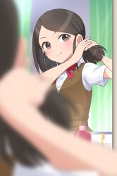 Rule 34 | 1girl, black eyes, black hair, blurry, blurry foreground, blush, bow, bowtie, breasts, brown dress, closed mouth, dot nose, dress, hands up, highres, idolmaster, idolmaster cinderella girls, idolmaster cinderella girls starlight stage, looking at mirror, mirror, no eyewear, red bow, red bowtie, saejima kiyomi, school uniform, shirt, short hair, short sleeves, small breasts, smile, solo, toothbrush, tying hair, white shirt, yama tatsuo