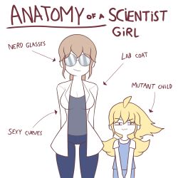 Rule 34 | 2girls, age difference, anatomy of a gamer (meme), arrow (symbol), blonde hair, closed mouth, commentary, english commentary, english text, glasses, grin, highres, long hair, looking at viewer, meme, mrwings, multiple girls, original, shirt, simple background, smile, standing, white background