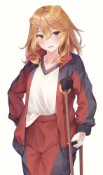 Rule 34 | 1girl, absurdres, bandages, brown eyes, brown hair, collarbone, commentary request, crutch, gym pants, gym shirt, hair between eyes, highres, jacket, looking at viewer, medium hair, monogatari (series), numachi rouka, open clothes, open jacket, open mouth, shirt, simple background, solo, white background, white shirt, yuunamida uyu