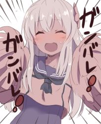 Rule 34 | 10s, 1girl, :d, ^ ^, blush, dyson (edaokunnsaikouya), closed eyes, fang, flower, grey hair, hair flower, hair ornament, kantai collection, long hair, open mouth, pom pom (cheerleading), ro-500 (kancolle), school uniform, serafuku, smile, solo, swimsuit, swimsuit under clothes, white background