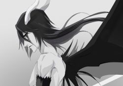Rule 34 | 1boy, black hair, bleach, colored sclera, commentary request, demon boy, demon horns, green sclera, grey background, hishui prpr, horns, long hair, looking at viewer, male focus, pale skin, simple background, solo, topless male, ulquiorra cifer, upper body, wings, yellow eyes