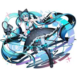 Rule 34 | 10s, 1girl, absurdly long hair, alpha transparency, black bow, black footwear, blue eyes, blue hair, blue necktie, boots, bow, divine gate, dress, full body, hair bow, hatsune miku, holding, holding microphone, leg up, long hair, magical mirai (vocaloid), magical mirai miku, magical mirai miku (2016), microphone, necktie, official art, open mouth, pantyhose, short necktie, sleeveless, sleeveless dress, solo, thighhighs, thighhighs under boots, transparent background, twintails, ucmm, very long hair, vocaloid, white thighhighs