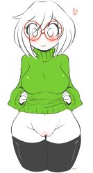 Rule 34 | 1girl, artist name, black thighhighs, blush, bottomless, breasts, chikkibug, clitoris, clothes lift, embarrassed, eyes visible through hair, glasses, green sweater, heart, highres, large breasts, looking at viewer, navel, nikki (swapnote), nintendo, presenting, pussy, red-framed eyewear, shirt lift, short hair, signature, simple background, smile, solo, standing, swapnote, sweater, text focus, thighhighs, turtleneck, turtleneck sweater, uncensored, white background