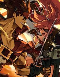 Rule 34 | 1boy, 1girl, amputee, baiken, big hair, black gloves, black jacket, black kimono, breasts, brown hair, clenched teeth, commentary request, eyepatch, facial tattoo, fighting, fingerless gloves, gloves, guilty gear, guilty gear xrd, holding, holding sword, holding weapon, jacket, jacket on shoulders, jako (toyprn), japanese clothes, kataginu, katana, kimono, large breasts, multicolored clothes, multicolored kimono, one-eyed, open clothes, open kimono, open mouth, pink hair, ponytail, red eyes, samurai, scar, scar across eye, scar on face, sol badguy, spiked hair, sword, tattoo, teeth, weapon, white kimono