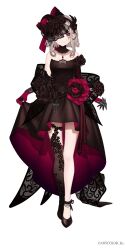 Rule 34 | 1girl, anklet, bare shoulders, black dress, black flower, black footwear, black headwear, black rose, black thighhighs, butterfly tattoo, closed mouth, detached collar, dress, elf, elu (10th costume) (nijisanji), elu (nijisanji), facial tattoo, flower, full body, gloves, grey hair, hair flower, hair ornament, headband, high heels, hoojiro, jewelry, lace-trimmed collar, lace trim, necklace, nijisanji, official art, pink flower, pink gloves, pink rose, pointy ears, purple eyes, rose, sacanahen, simple background, single thighhigh, smile, solo, strapless, strapless dress, tachi-e, tattoo, thighhighs, virtual youtuber, white background