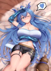 Rule 34 | arknights, blue eyes, blue hair, blush, breasts, dragon girl, highres, horns, jewelry, large breasts, ling (arknights), ring, shorts, thighs, wedding ring, yolo generations