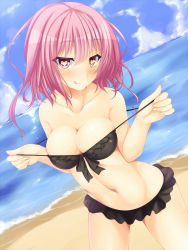 Rule 34 | 1girl, :q, bare shoulders, beach, bikini, black bikini, blush, breasts, cloud, collarbone, female focus, heart, heart-shaped pupils, heterochromia, highres, large breasts, long hair, looking at viewer, mirei-san (suterii), naughty face, navel, original, outdoors, pink hair, red eyes, sky, smile, solo, strap pull, suterii, swimsuit, symbol-shaped pupils, tongue, tongue out, water, wet