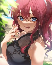 Rule 34 | 1girl, :d, absurdres, blouse, blurry, blurry foreground, earrings, highres, ichinose shiki, idolmaster, idolmaster cinderella girls, jewelry, kakaobataa, looking at viewer, open mouth, outdoors, ponytail, red hair, see-through, see-through shirt, shirt, sleeveless, sleeveless shirt, smile, solo, sunlight, upper body, wavy hair