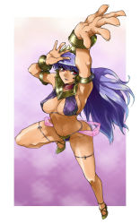 Rule 34 | 00s, 1girl, armlet, armpits, arms up, bikini, bindi, blue hair, bracelet, breasts, breasts apart, cleavage, cross-laced footwear, dancer, dancing, erola suppaatoka, facial mark, female focus, fingernails, floating hair, forehead mark, foreshortening, from above, full body, gradient background, gypsy, headdress, honoo no labyrinth, jewelry, labyrinth of flames, large breasts, leg up, long fingernails, long hair, looking at viewer, navel, neck ring, necklace, open mouth, perspective, purple background, purple bikini, red eyes, see-through, shoes, sideboob, skj, solo, string bikini, swimsuit, tan, thigh strap, very long hair