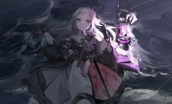 Rule 34 | ammunition belt, arknights, black cape, black gloves, black jacket, blunt bangs, bright pupils, cape, capelet, closed mouth, dated commentary, earrings, frown, gloves, grey eyes, grey hair, gun, hands up, head wings, highres, irene (arknights), jacket, jewelry, lantern, long hair, long sleeves, looking at viewer, lying, lying on water, multicolored clothes, multicolored skirt, on back, pink pupils, pink skirt, rapier, sheath, skirt, suyi-j, sword, water, weapon, white capelet, white skirt, wings