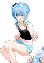 Rule 34 | 1girl, absurdres, alternate costume, armpit crease, asymmetrical hair, bare legs, black camisole, blue eyes, blue hair, blue nails, blue shorts, blush, bottle, breasts, camisole, casual, collarbone, commentary, dolphin shorts, earrings, english commentary, feet out of frame, hair between eyes, highres, hololive, hoshimachi suisei, jewelry, legs, light blue hair, looking at viewer, medium hair, midriff, multicolored nails, nail polish, navel, nonbire, one eye closed, open mouth, orange nails, pink nails, scrunchie, short shorts, shorts, side ponytail, simple background, sitting, sleeveless, small breasts, smile, solo focus, spaghetti strap, star (symbol), star earrings, star in eye, sweat, symbol in eye, thighs, virtual youtuber, water bottle, white background, white nails, yellow nails