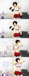 Rule 34 | 2girls, @ @, absurdres, black hair, blood, blush, brown hair, comic, dumbbell, english text, flexing, grey eyes, gym, highres, indoors, long hair, multiple girls, navel, nosebleed, open mouth, ponytail, red hair, ruby rose, rwby, short hair, shorts, spit take, spitting, sports bra, sweat, toned, weiss schnee, yaya (y8ay8a)
