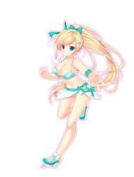 Rule 34 | 1girl, bare shoulders, bikini, blonde hair, blue eyes, bow, bowtie, bracelet, breasts, cleavage, collarbone, dolphin blade, full body, hair ornament, hairclip, ice skates, jewelry, large breasts, leg up, long hair, looking at viewer, mikeou, navel, outstretched arm, ponytail, skates, smile, solo, swimsuit, transparent background, very long hair