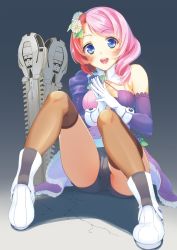 Rule 34 | 1girl, alisa boskonovich, android, bare shoulders, blue eyes, blush, boots, bouzu (bonze), brown thighhighs, chainsaw, detached sleeves, drill hair, flower, gloves, gradient background, hair flower, hair ornament, highres, looking at viewer, multicolored hair, namco, open mouth, panties, pantyshot, pink hair, red hair, short hair, sitting, skirt, smile, solo, split-color hair, tekken, tekken 7, tekken tag tournament 2, thighhighs, two-tone hair, underwear