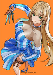 Rule 34 | 1girl, absurdres, blonde hair, breasts, choker, cleavage, detached sleeves, dress, earrings, green eyes, high heels, highres, hime cut, jewelry, kagematsuri, knife, large breasts, ratchet altair, sakura taisen, sakura taisen v, strapless, strapless dress, striped clothes, striped dress, thigh strap, throwing knife, tube dress, twitter username, weapon