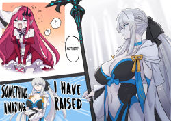 Rule 34 | 2girls, ?, arm under breasts, baobhan sith (fate), bare shoulders, black dress, black ribbon, blue dress, blue eyes, blush, braid, breasts, choujiroo, circlet, cleavage, clothing cutout, detached sleeves, dress, english text, fang, fate/grand order, fate (series), french braid, frilled dress, frills, grey eyes, hair between eyes, head pat, jacket, large breasts, long hair, long sleeves, looking at another, medium breasts, morgan le fay (fate), multiple girls, navel, navel cutout, open mouth, pink hair, pointy ears, ponytail, ribbon, sidelocks, speech bubble, staff, stomach, thighs, tongue, two-tone dress, white hair, white jacket