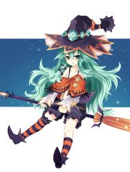 Rule 34 | 10s, 1girl, blush, broom, broom riding, date a live, frilled shorts, frills, google (asdek18), gradient background, green eyes, green hair, hat, hat ornament, highres, holding, kneehighs, long hair, long sleeves, looking at viewer, matching hair/eyes, multicolored clothes, multicolored legwear, natsumi (date a live), off shoulder, open mouth, shoes, shorts, simple background, socks, solo, star (symbol), starry background, very long hair, witch hat