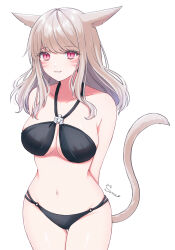 Rule 34 | 1girl, absurdres, animal ears, arms behind back, bare shoulders, bikini, black bikini, breasts, cat ears, cat girl, cat tail, cleavage, commentary, facial mark, final fantasy, final fantasy xiv, highres, large breasts, light brown hair, long hair, miqo&#039;te, navel, pink eyes, sana (sanamaru 0w0), signature, simple background, smile, solo, stomach, swimsuit, tail, warrior of light (ff14), whisker markings, white background
