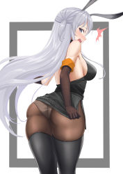 Rule 34 | 1girl, absurdres, animal ears, arknights, ass, back, bare shoulders, black footwear, black pantyhose, black shirt, blush, boots, breasts, brown gloves, brown thighhighs, chinese commentary, commentary request, cowboy shot, elbow gloves, from behind, gloves, grey eyes, grey skirt, highres, large breasts, lazgear, long hair, looking at viewer, looking back, medium breasts, miniskirt, open mouth, panties, pantyhose, pencil skirt, rabbit ears, savage (arknights), shirt, side slit, sideboob, silver hair, simple background, skindentation, skirt, sleeveless, sleeveless shirt, solo, standing, thigh boots, thighhighs, thighs, two side up, underwear, very long hair, white background, white panties