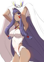 Rule 34 | 1girl, animal ears, armpits, arms up, bare shoulders, blanket, blush, breasts, clearite, cleavage, closed mouth, collarbone, competition swimsuit, cosplay, covered erect nipples, covered navel, dark-skinned female, dark skin, earrings, eyeliner, facepaint, facial mark, fate/grand order, fate (series), hair between eyes, hair tubes, hairband, highleg, highleg swimsuit, hip focus, hoop earrings, jackal ears, jewelry, long hair, looking at viewer, makeup, medium breasts, medjed (fate), medjed (fate) (cosplay), nitocris (fate), nitocris (fate/grand order), nitocris (swimsuit assassin) (fate), nitocris (swimsuit assassin) (second ascension) (fate), one-piece swimsuit, open mouth, purple eyes, purple hair, sidelocks, simple background, solo, swimsuit, very long hair, white background, white one-piece swimsuit