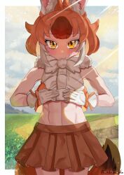 Rule 34 | 1girl, abs, animal ears, bare shoulders, blush, bow, breasts, brown hair, clothes lift, dhole (kemono friends), dog ears, dog girl, dog tail, extra ears, gloves, highres, kedama (ughugjydthjdf), kemono friends, kemono friends 3, lifted by self, looking at viewer, medium breasts, midriff, multicolored hair, muscular, muscular female, navel, open mouth, outdoors, shirt, shirt lift, short hair, skirt, sleeveless, smile, solo, tail, two-tone hair, white hair