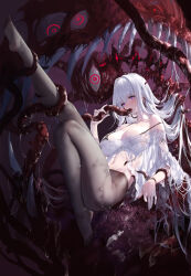 Rule 34 | 1girl, absurdly long hair, bare shoulders, black pantyhose, blush, breasts, cleavage, eldritch abomination, fellatio, full body, highres, large breasts, long hair, lying, on back, oral, original, outstretched leg, pantyhose, purple eyes, restrained, revealing clothes, sharp teeth, slime (substance), stained clothes, swd3e2, teeth, tentacle sex, tentacles, toes, very long hair, white hair