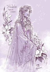 Rule 34 | 1girl, character name, circlet, dated, finduilas, flower, highres, kazuki-mendou, long hair, long sleeves, monochrome, one-hour drawing challenge, parted lips, pointy ears, purple theme, revision, signature, solo, standing, the silmarillion, tolkien&#039;s legendarium, tolkien's legendarium, wide sleeves