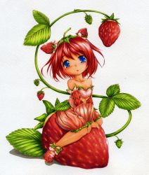 Rule 34 | 1girl, blue eyes, blush, breasts, cleavage, detached sleeves, dress, fairy, food, food-themed clothes, fruit, highres, in food, mini person, minigirl, original, oversized object, personification, red dress, red hair, red theme, shoes, silvessterio, sitting, skirt, small breasts, solo, strawberry