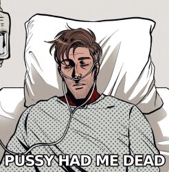 Rule 34 | 1boy, bed, brown hair, bug, grabbing another&#039;s hair, highres, hospital bed, hospital gown, impact (font), intravenous drip, lying, male focus, marvel, mature male, nakariiale, on back, parody, peter b parker, short hair, solo, spider-man: across the spider-verse, spider-man (series), spider-verse, upper body